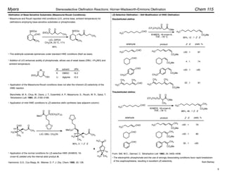 CH3
O
H
H3C
CH3
CHO
H
NHCbz
CHO
CH3
(EtO2)P
OEt
O
O
M
(EtO)2P
O
CH3
O
P(OCH2CF3)2
O
MeO
O
O O
M
K
Li
NHCbz
CH3
O
CH3
CH3
O
H
H
H3C
CH3
MeO2C
O
O
A
H3C O
H
H
H3C CH3
CH3
H3C
CH3
CHO
CHO
CHO
H3C
CHO
CHO
CHO
CH3O
H3C
CHO
H3C
CHO
H3C
CHO
(CF3CH2O)2P
O
OMe
O
CH3
(CF3CH2O)2P
O
OMe
O
CH3
H3C
CH3
CO2Me
CO2Me
CO2Me
CH3
CH3O
CO2Me
CO2Me
CH3
H3C
CO2Me
CH3
H3C
CO2Me
H3C
CO2Me
CH3
H3C
CO2Me
Olefination of Base-Sensitive Substrates (Masamune-Roush Conditions):
LiCl, DIPEA
CH3CN, 23 °C, 17 h
90%
Masamune and Roush reported mild conditions (LiCl, amine base, ambient temperature) for
olefinations employing base-sensitive substrates or phosphonates:
• This aldehyde substrate epimerizes under standard HWE conditions (NaH as base).
Blanchette, M. A.; Choy, W.; Davis, J. T.; Essenfeld, A. P.; Masamune, S.; Roush, W. R.; Sakai, T.
Tetrahedron Lett. 1984, 25, 2183–2186.
Addition of LiCl enhances acidity of phosphonate, allows use of weak bases (DBU, i-Pr2NEt) and
ambient temperature.
solvent pKa
DMSO
diglyme
19.2
12.2
Application of the Masamune-Roush conditions does not alter the inherent (E)-selectivity of the
HWE reaction.
Application of mild HWE conditions to (Z)-selective olefin synthesis (see adjacent column):
Hammond, G.S.; Cox Blagg, M.; Weimer, D. F. J. Org. Chem. 1990, 55, 128.
Application of the normal conditions for (Z)-selective HWE (KHMDS, 18-
crown-6) yielded only the internal aldol product A.
LiCl, DBU, CH3CN
80%, 3 : 1 Z : E
Kent Barbay
(Z)-Selective Olefination – Still Modification of HWE Olefination:
Disubstituted olefins:
KHMDS, 18-crown-6,
THF, –78 °C 90%, 12 : 1 Z : E
From: Still, W.C.; Gennari, C. Tetrahedron Lett. 1983, 24, 4405–4408.
aldehyde product Z : E yield, %
>50 : 1
4 : 1
>50 : 1
22 : 1
87
74
>95
81
Trisubstituted olefins:
KHMDS, 18-crown-6,
THF, –78 °C 88%, 46 : 1 Z : E
aldehyde product Z : E yield, %
>50 : 1
>50 : 1
30 : 1
79
80
>95
The electrophilic phosphonate and the use of strongly dissociating conditions favor rapid breakdown
of the oxaphosphetane, resulting in excellent (Z)-selectivity.
Chem 115
Myers Stereoselective Olefination Reactions: Horner-Wadsworth-Emmons Olefination
•
•
•
•
•
•
9
 