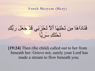 Surah Maryam (Mary) فَنَادَاهَا مِن تَحْتِهَا أَلَّا تَحْزَنِي قَدْ جَعَلَ رَبُّكِ تَحْتَكِ سَرِيًّا  [19:24]  Then (the child) called out to her from beneath her: Grieve not, surely your Lord has made a stream to flow beneath you;  