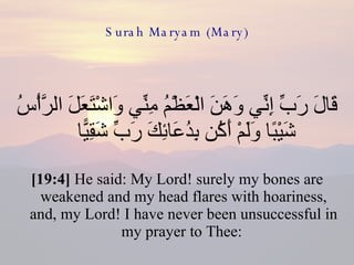 Surah Maryam (Mary) قَالَ رَبِّ إِنِّي وَهَنَ الْعَظْمُ مِنِّي وَاشْتَعَلَ الرَّأْسُ شَيْبًا وَلَمْ أَكُن بِدُعَائِكَ رَبِّ شَقِيًّا  [19:4]  He said: My Lord! surely my bones are weakened and my head flares with hoariness, and, my Lord! I have never been unsuccessful in my prayer to Thee:  