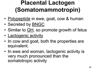 Placental Lactogen
(Somatomammotropin)
• Polypeptide in ewe, goat, cow & human
• Secreted by BNGC
• Similar to GH, so promote growth of fetus
• Lactogenic activity
• In cow and goat, both the properties are
equivalent.
• In ewe and woman, lactogenic activity is
very much pronounced than the
somatotropic activity
28
 