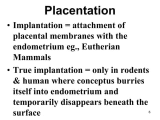 Placentation
• Implantation = attachment of
placental membranes with the
endometrium eg., Eutherian
Mammals
• True implantation = only in rodents
& human where conceptus burries
itself into endometrium and
temporarily disappears beneath the
surface 6
 