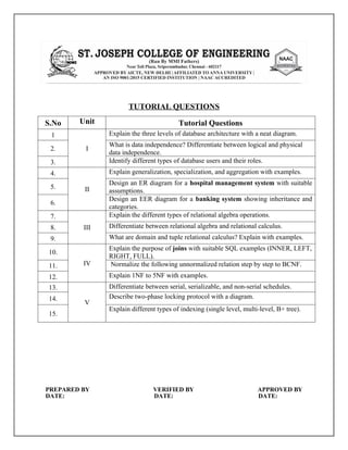 19-TUTORIAL QUESTIONS for database management system | DOCX