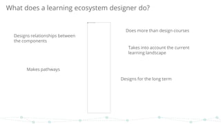 What does a learning ecosystem designer do?
Does more than design courses
Designs relationships between
the components
Takes into account the current
learning landscape
Designs for the long term
Makes pathways
 