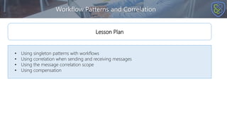 Workflow Patterns and Correlation
• Using singleton patterns with workflows
• Using correlation when sending and receiving messages
• Using the message correlation scope
• Using compensation
Lesson Plan
 
