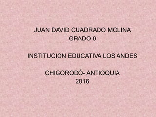 JUAN DAVID CUADRADO MOLINA
GRADO 9
INSTITUCION EDUCATIVA LOS ANDES
CHIGORODÓ- ANTIOQUIA
2016
 