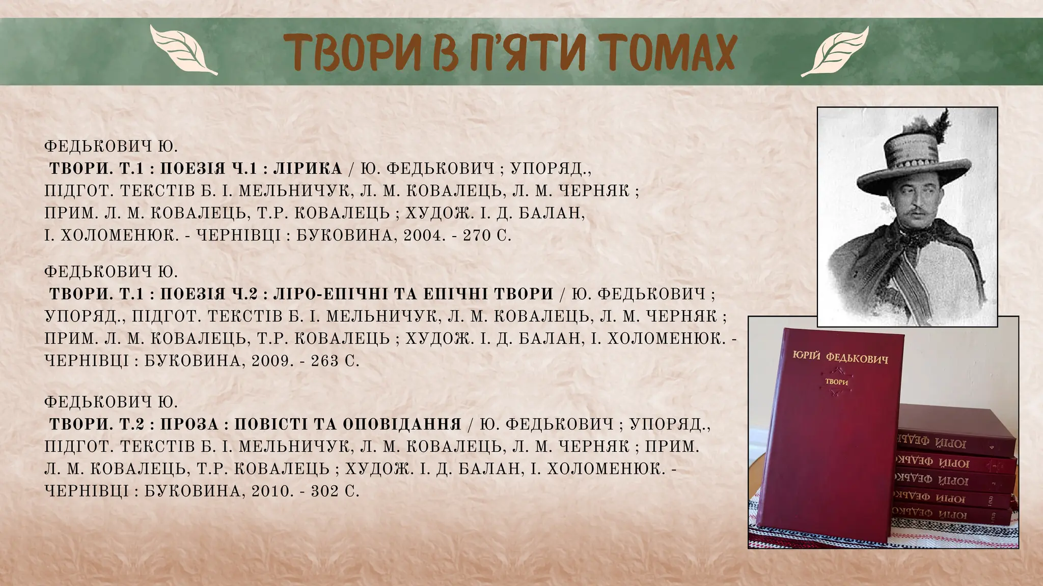 ТВОРИ В П’ЯТИ ТОМАХ
ФЕДЬКОВИЧ Ю.
ТВОРИ. Т.1 : ПОЕЗІЯ Ч.1 : ЛІРИКА / Ю. ФЕДЬКОВИЧ ; УПОРЯД.,
ПІДГОТ. ТЕКСТІВ Б. І. МЕЛЬНИЧУК, Л. М. КОВАЛЕЦЬ, Л. М. ЧЕРНЯК ;
ПРИМ. Л. М. КОВАЛЕЦЬ, Т.Р. КОВАЛЕЦЬ ; ХУДОЖ. І. Д. БАЛАН,
І. ХОЛОМЕНЮК. - ЧЕРНІВЦІ : БУКОВИНА, 2004. - 270 С.
ФЕДЬКОВИЧ Ю.
ТВОРИ. Т.1 : ПОЕЗІЯ Ч.2 : ЛІРО-ЕПІЧНІ ТА ЕПІЧНІ ТВОРИ / Ю. ФЕДЬКОВИЧ ;
УПОРЯД., ПІДГОТ. ТЕКСТІВ Б. І. МЕЛЬНИЧУК, Л. М. КОВАЛЕЦЬ, Л. М. ЧЕРНЯК ;
ПРИМ. Л. М. КОВАЛЕЦЬ, Т.Р. КОВАЛЕЦЬ ; ХУДОЖ. І. Д. БАЛАН, І. ХОЛОМЕНЮК. -
ЧЕРНІВЦІ : БУКОВИНА, 2009. - 263 С.
ФЕДЬКОВИЧ Ю.
ТВОРИ. Т.2 : ПРОЗА : ПОВІСТІ ТА ОПОВІДАННЯ / Ю. ФЕДЬКОВИЧ ; УПОРЯД.,
ПІДГОТ. ТЕКСТІВ Б. І. МЕЛЬНИЧУК, Л. М. КОВАЛЕЦЬ, Л. М. ЧЕРНЯК ; ПРИМ.
Л. М. КОВАЛЕЦЬ, Т.Р. КОВАЛЕЦЬ ; ХУДОЖ. І. Д. БАЛАН, І. ХОЛОМЕНЮК. -
ЧЕРНІВЦІ : БУКОВИНА, 2010. - 302 С.
 