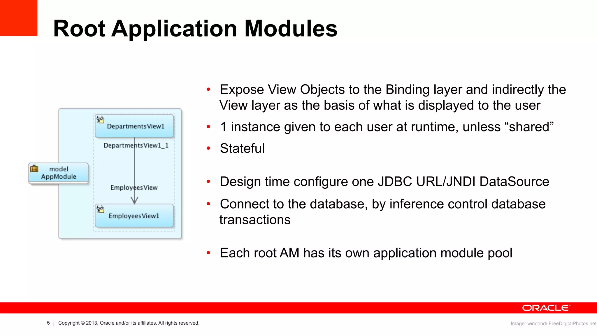 5 Copyright © 2013, Oracle and/or its affiliates. All rights reserved.
Root Application Modules
•  Expose View Objects to the Binding layer and indirectly the
View layer as the basis of what is displayed to the user
•  1 instance given to each user at runtime, unless “shared”
•  Stateful
•  Design time configure one JDBC URL/JNDI DataSource
•  Connect to the database, by inference control database
transactions
•  Each root AM has its own application module pool
Image: winnond/ FreeDigitalPhotos.net
 