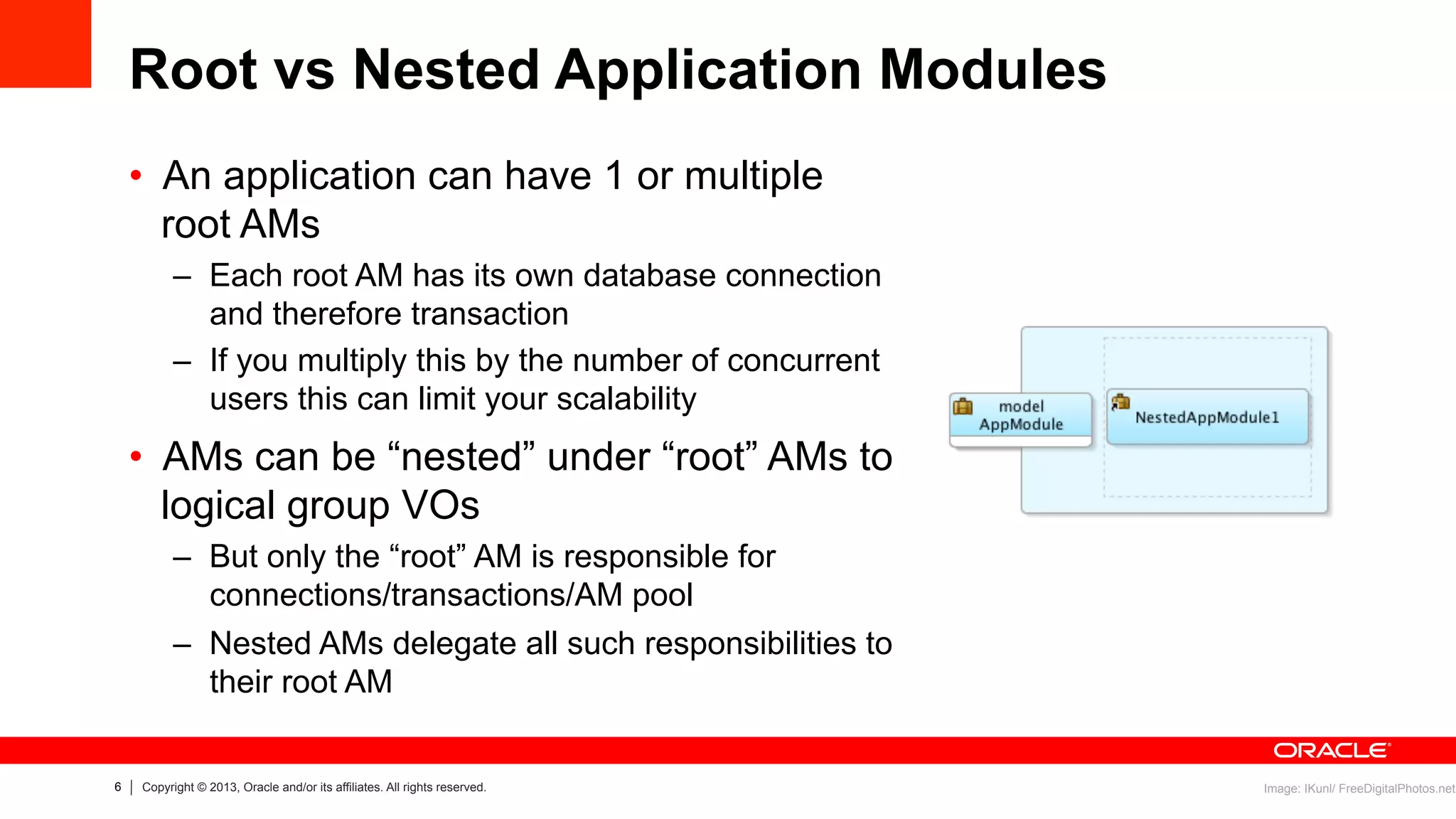6 Copyright © 2013, Oracle and/or its affiliates. All rights reserved.
Root vs Nested Application Modules
•  An application can have 1 or multiple
root AMs
–  Each root AM has its own database connection
and therefore transaction
–  If you multiply this by the number of concurrent
users this can limit your scalability
•  AMs can be “nested” under “root” AMs to
logical group VOs
–  But only the “root” AM is responsible for
connections/transactions/AM pool
–  Nested AMs delegate all such responsibilities to
their root AM
Image: IKunl/ FreeDigitalPhotos.net
 
