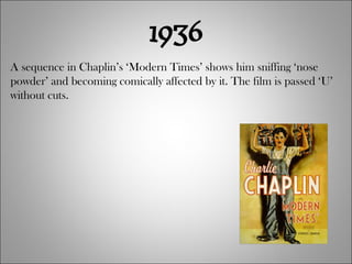 1936 A sequence in Chaplin’s ‘Modern Times’ shows him sniffing ‘nose powder’ and becoming comically affected by it. The film is passed ‘U’ without cuts. 