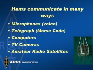 Hams communicate in many ways Microphones (voice) Telegraph (Morse Code) Computers TV Cameras Amateur Radio Satellites 
