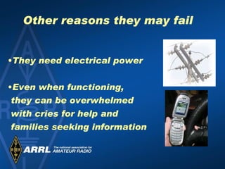 Other reasons they may fail They need electrical power Even when functioning,  they can be overwhelmed  with cries for help and  families seeking information 
