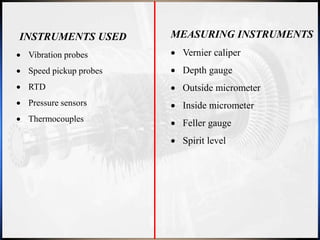 INSTRUMENTS USED
 Vibration probes
 Speed pickup probes
 RTD
 Pressure sensors
 Thermocouples
MEASURING INSTRUMENTS
 Vernier caliper
 Depth gauge
 Outside micrometer
 Inside micrometer
 Feller gauge
 Spirit level
 