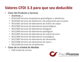 Valores CFDI 3.3 para que sea deducible
• Clave del Producto o Servicio
• (Continúa…)
• 85101509 Servicios hospitalarios ginecológicos u obstétricos
• 85101602 Servicios de obstetricia o de preparación para el parto
• 85121801 Servicios de laboratorios de análisis de sangre
• 85121802 Servicios de laboratorios bacteriológicos
• 85121803 Servicios de laboratorios biológicos
• 85121804 Servicios de laboratorios patológicos
• 85121805 Servicios de laboratorios de análisis de orina
• 85121806 Servicios de laboratorios neurológicos
• 85121807 Servicios de laboratorios de ultrasonido
• 85121808 Servicios de laboratorios de rayos x
• 85122100 Servicios de rehabilitación
• Clave de la Unidad de Medida
• E48 Unidad de servicio
 