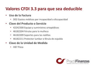 Valores CFDI 3.3 para que sea deducible
• Uso de la Factura
• D02 Gastos médicos por incapacidad o discapacidad
• Clave del Producto o Servicio
• 42242300 Equipo y suministros ortopédicos
• 46182204 Férulas para la muñeca
• 46182209 Soportes para las rodillas
• 46182211 Protector lumbar o férula de espalda
• Clave de la Unidad de Medida
• H87 Pieza
 