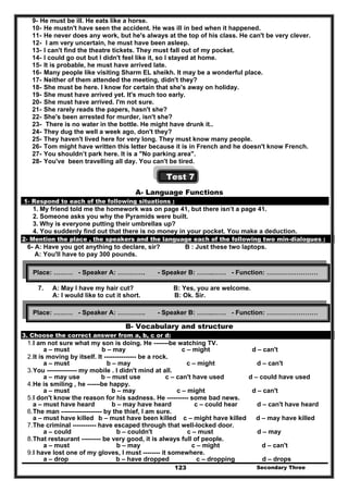 Secondary Three123
9- He must be ill. He eats like a horse.
10- He mustn't have seen the accident. He was ill in bed when it happened.
11- He never does any work, but he's always at the top of his class. He can't be very clever.
12- I am very uncertain, he must have been asleep.
13- I can't find the theatre tickets. They must fall out of my pocket.
14- I could go out but I didn't feel like it, so I stayed at home.
15- It is probable, he must have arrived late.
16- Many people like visiting Sharm EL sheikh. It may be a wonderful place.
17- Neither of them attended the meeting, didn't they?
18- She must be here. I know for certain that she's away on holiday.
19- She must have arrived yet. It's much too early.
20- She must have arrived. I'm not sure.
21- She rarely reads the papers, hasn't she?
22- She's been arrested for murder, isn't she?
23- There is no water in the bottle. He might have drunk it..
24- They dug the well a week ago, don't they?
25- They haven't lived here for very long. They must know many people.
26- Tom might have written this letter because it is in French and he doesn't know French.
27- You shouldn’t park here. It is a "No parking area".
28- You've been travelling all day. You can't be tired.
Test 7
A- Language Functions
1- Respond to each of the following situations :
1. My friend told me the homework was on page 41, but there isn’t a page 41.
2. Someone asks you why the Pyramids were built.
3. Why is everyone putting their umbrellas up?
4. You suddenly find out that there is no money in your pocket. You make a deduction.
2- Mention the place , the speakers and the language each of the following two min-dialogues :
6- A: Have you got anything to declare, sir? B : Just these two laptops.
A: You'll have to pay 300 pounds.
7. A: May I have my hair cut? B: Yes, you are welcome.
A: I would like to cut it short. B: Ok. Sir.
B- Vocabulary and structure
3. Choose the correct answer from a, b, c or d:
1.I am not sure what my son is doing. He -------be watching TV.
a – must b – may c – might d – can't
2.It is moving by itself. It --------------- be a rock.
a – must b – may c – might d – can't
3.You -------------- my mobile . I didn't mind at all.
a – may use b – must use c – can't have used d – could have used
4.He is smiling , he ------be happy.
a – must b – may c – might d – can't
5.I don't know the reason for his sadness. He ---------- some bad news.
a – must have heard b – may have heard c – could hear d – can't have heard
6.The man ------------------- by the thief, I am sure.
a – must have killed b – must have been killed c – might have killed d – may have killed
7.The criminal ----------- have escaped through that well-locked door.
a – could b – couldn't c – must d – may
8.That restaurant --------- be very good, it is always full of people.
a – must b – may c – might d – can't
9.I have lost one of my gloves, I must -------- it somewhere.
a – drop b – have dropped c – dropping d – drops
Place: ……… - Speaker A: …………. - Speaker B: ……..…… - Function: ……………………
Place: ……… - Speaker A: …………. - Speaker B: ……..…… - Function: ……………………
 