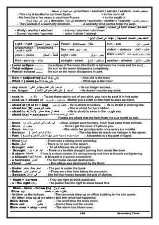 Secondary Three146
-‫اﻟﻛﻠﻣﺎت‬ ‫ﺗﺳﺗﺧدم‬northern / southern / eastern / western‫اﺳ‬ ‫ﻗﺑﻝ‬‫اﻟﻣﻧطﻘﺔ‬ ‫أو‬ ‫اﻟدوﻟﺔ‬ ‫م‬:
- This city is located in northern Spain. = in the north of
- He lived for a few years in southern France. = in the south of
-‫اﻟﻛﻠﻣﺎت‬ ‫ﺗﺳﺗﺧدم‬westerly / southerly / northerly / easterly‫ﻛﻠﻣﺔ‬ ‫ﻗﺑﻝ‬direction‫اﻟرﻳﺎح‬ ‫اﺗﺟﺎﻩ‬ ‫ﻋﻠﻲ‬ ‫ﻟﺗدﻝ‬ ‫أو‬:
- They walked in a southerly direction. - A westerly wind comes from the west.
-‫ﻻﺣظ‬‫اﻟﺗﻔﺿﻳﻝ‬ ‫و‬ ‫اﻟﻣﻘﺎرﻧﺔ‬ ‫ﻓﻲ‬ ‫اﻟﺗﺎﻟﻳﺔ‬ ‫اﻟﺻﻔﺎت‬ ‫ﺷﻛﻝ‬:
- Windy / windier / windiest - stormy / stormier / stormiest
- Sunny / sunnier / sunniest - rainy / rainier / rainiest
-‫اﺑﻊ‬‫ر‬‫اﻟ‬ ‫اﻝ‬‫ؤ‬‫اﻟﺳ‬ ‫ﻓﻰ‬ ‫اﻟﻬﺎﻣﺔ‬ ‫و‬ ‫اﻟﻣﺗﺷﺎﺑﻬﺔ‬ ‫اﻟﻛﻠﻣﺎت‬ ‫ﺑﻌض‬ ‫ﻻﺣظ‬:
Light – right ‫ﺿوء‬–‫ﻳﻣﻳن‬)‫ﺻﺣﻳﺢ‬( Power – pour ‫طﺎﻗﺔ‬–‫ﻳﺻب‬ Sun – son ‫ﺷﻣس‬–‫اﺑن‬
phenomenon – phenomena
‫ة‬‫ظﺎﻫر‬–‫اﻫر‬‫و‬‫ظ‬ Sea – see ‫ﺑﺣر‬–‫ى‬‫ﻳر‬ violent – violence ‫ﻋﻧﻳف‬–‫اﻟﻌﻧف‬
piece – peace ‫ﻗطﻌﺔ‬–‫اﻟﺳﻼم‬ sight – site ‫ﺑﺻر‬–‫م‬‫و‬‫قع‬ Warn – worn ‫ﻳﺣذر‬–‫ﻳرﺗدى‬)‫ﺗﺻرﻳف‬‫ﺛﺎﻟث‬(
Port – part ‫ﻣﻳﻧﺎء‬–‫ء‬‫ﺟز‬ straight – street ‫ﻣﺳﺗﻘﻳم‬–‫ﺷﺎرع‬ weather – whether ‫طﻘس‬–‫اذا‬)‫ﻟو‬(
- Lunar eclipse ……… the eclipse of the moon (the Earth is between the moon and the sun) .
- Total eclipse ……… the sun or the moon disappears completely.
- Partial eclipse ……. the sun or the moon disappears in part.
- How + (adjective)‫اﻟﺻﻔـﺔ‬ ‫ﺑﻌدﻫﺎ‬ ‫ﻳﺄﺗﻰ‬ - How old is the tree?
- What + ( noun ) ‫ﻳﺄﺗﻰ‬‫ﺑﻌدﻫﺎ‬‫اﻻﺳم‬ - What age is the tree?
- any more ‫يعد‬ ‫لم‬)‫النفى‬ ‫فى‬ ‫معھا‬ ‫الفعل‬ ‫يأتى‬( - He no longer smokes .
- no longer ‫اإلثبات‬ ‫فى‬ ‫معھا‬ ‫الفعل‬ ‫يأتى‬( ) ‫يعد‬ ‫لم‬ - He doesn't smoke any more.
- soak in ‫ينقــــع‬ - To get these stains out of you shirt, you have to soak it in hot water
- soak up = absorb in ‫يشـــرب‬ ‫ـ‬ ‫يمتـــص‬ -Mother put a cloth on the floor to soak up water.
- afraid of (N or (v + ing) ‫خائف‬‫من‬‫ش‬‫ئ‬ - He is afraid of snakes. - He is afraid of arriving late.
- afraid for (N) ‫شخص‬ ‫على‬ ‫خائف‬ - She is afraid for her children.
- afraid to +( inf) ‫خائف‬‫أن‬‫مصدر‬ ‫بعدھا‬ - He is afraid to swim in the rough sea.
- afraid that + sentence ‫خائف‬‫أن‬‫بعدھا‬‫جملة‬‫كاملة‬
- People are afraid that the light from the sun might go out.
- Once ‫الماضي‬ ‫في‬ ‫ما‬ ‫وقت‬ ‫في‬‫ـ‬‫ذات‬‫مرة‬ - Once, people were hunters. Their food came from animals.
- Once ‫بمجرد‬‫أ‬‫ن‬ - Once I get the news, I'll phone you.
- Once ‫مرة‬‫واحدة‬ - She visits her grandparents once every six months.
- Harbour ( ‫مرفـأ‬)‫السفن‬ ‫لرسـو‬ - The ship tried to reach the harbour in the storm.
- Port ‫مينـاء‬ ‫مدينـه‬)‫والتفـريـغ‬ ‫للشحـن‬ ‫السفـن‬ ‫إليھـا‬ ‫تصـل‬ ‫مدينـه‬( - Alexandria is a big port in Egypt.
- Wind ‫الريـاح‬ - There was a strong wind yesterday.
- Rain ‫المطـر‬ - There is no rain in the desert.
- Drought ‫الجفاف‬ - All of Africans die of drought.
- Draught ‫تيار‬‫ھواء‬‫بارد‬ - There is a terrible draught coming from under the door .
- A storm ‫عاصفـ‬‫ة‬ -There is a storm outside. It's raining heavily and there is thunder and lightening.
- a blizzard ‫عاصفـة‬‫ثلجيـة‬ - A blizzard is a severe snowstorm.
- a hurricane ‫إعصار‬ - The hurricane caused destruction.
- Flood ‫فيضا‬‫ن‬ - The village was destroyed by the flood.
- Under ‫اسفل‬‫بشكل‬‫مباشر‬ - The pen is under the book.
- Below ‫في‬‫مستوي‬‫ادني‬ - There are a few huts below the mountain.
- Beneath ‫في‬‫االسفل‬ - She hid the money beneath the pile of clothes
- Right = correct - They are right to think positively.
- a / the right (n.) - The public has the right to know about this.
- Blow – blew – blown (v.) ‫تھب‬‫الرياح‬
Blow up ‫ينفخ‬–‫يفجر‬–‫يغضب‬
- He blew up the balloon. -The terrorists blew up an office building in the city centre.
- My father blew up at me when I told him what had happened.
Blow down ‫تقتلع‬ - The wind blew the trees down.
Blow out ‫يطفيء‬ - Emma blew out the candle .
Blow over = stop – end - The storm has blown over .
 