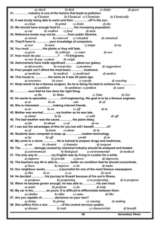 Secondary Three10
a) check b) kick c) shake d) guess
31. …………. industry is one of the factors that leads to pollution.
a) Chemist b) Chemical c) Chemistry d) Chemically
32. It was lovely being able to swim and then ……………off in the sun.
a) clean b) grind c) drain d) dry
33. We should have enough food to …………. the increasing population.
a) eat b) swallow c) feed d) taste
34. Reference books may not be………….from public libraries.
a) stored b) removed c) reloaded d) remained
35. They'll have to …………. your knowledge of computers.
a) test b) taste c) tempt d) try
36. You must …………. the plants or they will fade.
a) grow b) cultivate c) water d) sow
37. How much do you ……………..? - 75 kilograms.
a) run b) pay c) plant d) weigh
38. Astronomers have made significant ………..about our galaxy.
a) discoveries b) researches c) promises d) suggestions
39. Poor people can’t afford the most basic…………. treatment.
a) medicine b) medical c) medicinal d) medico
40. This house is …………. the same as it was 20 years ago.
a) exactness b) exact c) exactly d) exacting
41. Reda wants to be a famous surgeon. So he is doing his best to achieve his ……………
a) ambition b) ambitious c) petition d) cause
42. …………. sure that he has done the right thing.
a) Do b) Make c) Take d) Get
43. He wants to specialize …………. civil engineering. His goal is to be a famous engineer.
a) at b) on c)in d) of
44. She is interested …………. making internet friends.
a) at b) on c) off d) in
45. Mother was worried…………. my brother as he was late.
a) about b) by c) with d) off
46. The bad weather was the cause…………. the plane delay.
a) for b) about c) of d) on
47. I can see the advantages of this for you but will I benefit ………….it?
a) of b) from c) about d) in
48. Students learn computer to keep up……………..modem technology.
a) by b) off c)with d) in
49. My uncle is a clever …………. He is trained to prepare drugs and medicines.
a) vet b) chemist c) botanist d) surgeon
50. The …………. damage caused by chemical industry should be analysed and treated.
a) astronomical b) biological c) environmental d) medical
51. The only way to …………. my English was by living in London for a while.
a) improve b) provide c) prove d) improvise
52. The teachers say Ali is able to…………. better on condition that he should concentrate.
a) have b) improve c) do d) make
53. Our neighbour works …………. a journalist for one of the most famous newspapers.
a) like b) as c) so d) such
54. He decided …………. his journey to Kuwait because of his son's illness.
a) postpone b) postponing c) to postponing d) to postpone
55. When he became grown enough, he was able to …………. his own food.
a) make b) perform c) do d) help
56. My car is the…………. as yours. It is difficult to differentiate between them.
a) similar b) alike c) same d) like
57. Are you capable of…………. decisions on your own?
a) doing b) giving c) causing d) making
58. She suffers from a rare …………. of the central nervous system.
a) disease b) trait c) characteristic d) benefit
 