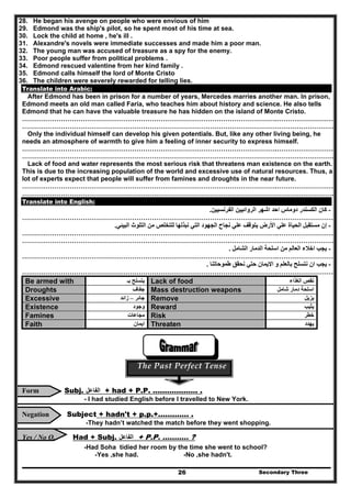 Secondary Three26
28. He began his avenge on people who were envious of him
29. Edmond was the ship's pilot, so he spent most of his time at sea.
30. Lock the child at home , he's ill .
31. Alexandre's novels were immediate successes and made him a poor man.
32. The young man was accused of treasure as a spy for the enemy.
33. Poor people suffer from political problems .
34. Edmond rescued valentine from her kind family .
35. Edmond calls himself the lord of Monte Cristo
36. The children were severely rewarded for telling lies.
Translate into Arabic:
After Edmond has been in prison for a number of years, Mercedes marries another man. In prison,
Edmond meets an old man called Faria, who teaches him about history and science. He also tells
Edmond that he can have the valuable treasure he has hidden on the island of Monte Cristo.
……………………………………………………………………………………………………….………………………
………………………………………………………………………………………………………………………………
Only the individual himself can develop his given potentials. But, like any other living being, he
needs an atmosphere of warmth to give him a feeling of inner security to express himself.
……………………………………………………………………………………………………….………………………
………………………………………………………………………………………………………………………………
Lack of food and water represents the most serious risk that threatens man existence on the earth.
This is due to the increasing population of the world and excessive use of natural resources. Thus, a
lot of experts expect that people will suffer from famines and droughts in the near future.
……………………………………………………………………………………………………….………………………
………………………………………………………………………………………………………………………………
Translate into English:
-‫الفرنسيين‬ ‫الروائيين‬ ‫اشھر‬ ‫احد‬ ‫دوماس‬ ‫الكسندر‬ ‫كان‬.
……………………………………………………………………………………………………….………………………
-‫البيئي‬ ‫التلوث‬ ‫من‬ ‫للتخلص‬ ‫نبذلھا‬ ‫التي‬ ‫الجھود‬ ‫نجاح‬ ‫علي‬ ‫يتوقف‬ ‫األرض‬ ‫علي‬ ‫الحياة‬ ‫مستقبل‬ ‫إن‬.
……………………………………………………………………………………………………….………………………
………………………………………………………………………………………………………………………………
-‫الشامل‬ ‫الدمار‬ ‫اسلحة‬ ‫من‬ ‫العالم‬ ‫اخالء‬ ‫يجب‬.
……………………………………………………………………………………………………….………………………
-‫طموحاتنا‬ ‫نحقق‬ ‫حتي‬ ‫االيمان‬ ‫و‬ ‫بالعلم‬ ‫نتسلح‬ ‫ان‬ ‫يجب‬.
……………………………………………………………………………………………………….………………………
Be armed with ‫بـ‬ ‫يتسلح‬ Lack of food ‫الغذاء‬ ‫نقص‬
Droughts ‫جفاف‬ Mass destruction weapons ‫شامل‬ ‫دمار‬ ‫اسلحة‬
Excessive ‫جائر‬–‫زائد‬ Remove ‫يزيل‬
Existence ‫وجود‬ Reward ‫يثيب‬
Famines ‫مجاعات‬ Risk ‫خطر‬
Faith ‫ايمان‬ Threaten ‫يھدد‬
The Past Perfect Tense 
Form Subj. ‫الفاعل‬ + had + P.P. ………………. .
- I had studied English before I travelled to New York.
Negation Subject + hadn't + p.p.+…………. .
-They hadn’t watched the match before they went shopping.
Yes / No Q. Had + Subj. ‫الفاعل‬ + P.P. ……….. ?
-Had Soha tidied her room by the time she went to school?
-Yes ,she had. -No ,she hadn't.
 