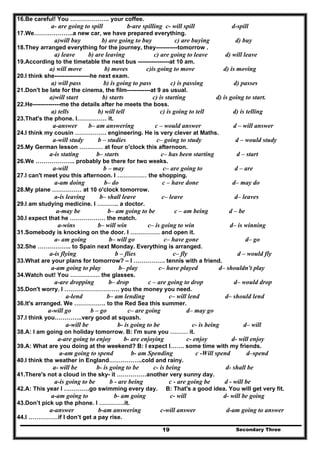 Secondary Three19
16.Be careful! You ……………….. your coffee.
a- are going to spill b-are spilling c- will spill d-spill
17.We………………..a new car, we have prepared everything.
a)will buy b) are going to buy c) are buying d) buy
18.They arranged everything for the journey, they-----------tomorrow .
a) leave b) are leaving c) are going to leave d) will leave
19.According to the timetable the nest bus ----------------at 10 am.
a) will move b) moves c)is going to move d) is moving
20.I think she------------------he next exam.
a) will pass b) is going to pass c) is passing d) passes
21.Don't be late for the cinema, the film------------at 9 as usual.
a)will start b) starts c) is starting d) is going to start.
22.He--------------me the details after he meets the boss.
a) tells b) will tell c) is going to tell d) is telling
23.That's the phone. I…………… it.
a-answer b– am answering c – would answer d – will answer
24.I think my cousin ……………. engineering. He is very clever at Maths.
a-will study b – studies c– going to study d – would study
25.My German lesson ………… at four o'clock this afternoon.
a-is stating b– starts c– has been starting d – start
26.We ……………….. probably be there for two weeks.
a-will b – may c– are going to d – are
27.I can't meet you this afternoon. I …………… the shopping.
a-am doing b– do c – have done d– may do
28.My plane …………… at 10 o'clock tomorrow.
a-is leaving b– shall leave c– leave d– leaves
29.I am studying medicine. I ……….. a doctor.
a-may be b– am going to be c – am being d – be
30.I expect that he ……………… the match.
a-wins b– will win c– is going to win d– is winning
31.Somebody is knocking on the door. I …………… and open it.
a- am going b– will go c– have gone d– go
32.She …………….. to Spain next Monday. Everything is arranged.
a-is flying b – flies c– fly d – would fly
33.What are your plans for tomorrow? – I ……………. tennis with a friend.
a-am going to play b– play c– have played d– shouldn't play
34.Watch out! You …………… the glasses.
a-are dropping b– drop c – are going to drop d– would drop
35.Don't worry. I ………………………. you the money you need.
a-lend b– am lending c– will lend d– should lend
36.It's arranged. We ……………. to the Red Sea this summer.
a-will go b – go c– are going d– may go
37.I think you…………..very good at squash.
a-will be b- is going to be c- is being d– will
38.A: I am going on holiday tomorrow. B: I'm sure you ……… it.
a-are going to enjoy b- are enjoying c- enjoy d- will enjoy
39.A: What are you doing at the weekend? B: I expect I……. some time with my friends.
a-am going to spend b- am Spending c -Will spend d–spend
40.I think the weather in England……………..cold and rainy.
a- will be b- is going to be c- is being d- shall be
41.There's not a cloud in the sky- it ……………another very sunny day.
a-is going to be b - are being c - are going be d - will be
42.A: This year I ………….go swimming every day. B: That's a good idea. You will get very fit.
a-am going to b- am going c- will d- will be going
43.Don’t pick up the phone. I ………….it.
a-answer b-am answering c-will answer d-am going to answer
44.I ……………if I don’t get a pay rise.
 