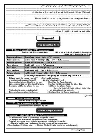 Secondary Three91
-‫للخطر‬ ‫الوطن‬ ‫امن‬ ‫ستعرض‬ ‫بل‬ ‫االقتصادية‬ ‫مشكالتنا‬ ‫تحل‬ ‫لن‬ ‫المظاھرات‬ ‫و‬ ‫العنف‬.
……………………………………………………………………………………..………………………………………
……………………………………………………………………………………..………………………………………
-‫عن‬ ‫العبير‬ ‫ھي‬ ‫بل‬ ‫االجرامية‬ ‫االعمال‬ ‫و‬ ‫الشغب‬ ‫اثارة‬ ‫تعني‬ ‫ال‬ ‫الديمقراطية‬‫حضارية‬ ‫بطرق‬ ‫الرأي‬.
……………………………………………………………………………………..………………………………………
……………………………………………………………………………………..………………………………………
-‫ديمقراطية‬ ‫بطريقة‬ ‫رأيه‬ ‫عن‬ ‫يعبر‬ ‫و‬ ‫صوره‬ ‫يشتي‬ ‫االرھاب‬ ‫يدين‬ ‫من‬ ‫ھو‬ ‫الصالح‬ ‫المواطن‬ ‫ان‬.
……………………………………………………………………………………..………………………………………
……………………………………………………………………………………..………………………………………
-‫االعمي‬ ‫بالتعصب‬ ‫ليس‬ ‫و‬ ‫السليم‬ ‫بالفكر‬ ‫نواجھھا‬ ‫ان‬ ‫علينا‬ ‫لذا‬ ‫مجتمعنا‬ ‫علي‬ ‫غريبة‬ ‫واالرھاب‬ ‫العنف‬ ‫ظاھرة‬.
……………………………………………………………………………………..………………………………………
……………………………………………………………………………………..………………………………………
-‫ا‬ ‫استخدم‬‫عليه‬ ‫الرسم‬ ‫و‬ ‫للكتابة‬ ‫البردي‬ ‫القدماء‬ ‫لمصريون‬.
……………………………………………………………………………………..………………………………………
The causative Form
Have + something + P.P. ………………
-‫بالفعل‬ ‫قام‬ ‫الذي‬ ‫ھو‬ ‫الفاعل‬ ‫غير‬ ‫آخر‬ ‫شخصا‬ ‫أن‬ ‫يعني‬ ‫التركيب‬ ‫ھذا‬-‫استخ‬ ‫الحظ‬‫دام‬have‫الجملة‬ ‫زمن‬ ‫نفس‬ ‫في‬
-‫المختلفة‬ ‫األزمنة‬ ‫في‬ ‫التركيب‬ ‫ھذا‬ ‫يأتي‬ ‫أن‬ ‫يمكن‬:
Present simple have/has + obj. ‫مفعول‬ + P.P. ………..
Present cont. am/is / are + having+ obj. ‫مفعول‬ + P.P. ………..
Present perfect have /has had+ obj. ‫مفعول‬ + P.P. ………..
Past simple had+ obj. ‫مفعول‬ + P.P. ………..
Past cont. was / were + having+ obj. ‫مفعول‬ + P.P. ………..
Past perfect had had+ obj. ‫مفعول‬ + P.P. ………..
Future simple will / shall + have+ obj. ‫مفعول‬ + P.P. ………..
Modals can /may/should/must / be going to + have+ obj. ‫مفعول‬ + P.P. ………..
- Did you paint the house yourself? - No, I had it painted.
- Is she typing the report herself? - No, she’s having it typed.
- Someone had cleaned the floor for me. - I had had the floor cleaned.
- Someone mended her bike the other day. - She had her bike mended the other day.
- Someone will fix the phone for me. - I will have the phone fixed.
-‫استخدام‬ ‫يمكن‬ ‫و‬get‫بھا‬ ‫استخدمنا‬ ‫التي‬ ‫الطريقة‬ ‫بنفس‬:have
- The barber is going to cut my hair. - I am going to get my hair cut.
- Someone is decorating her house. - She is getting her house decorated.
-‫يلي‬ ‫ما‬ ‫الحظ‬:
Have + someone + inf.
- I had the mechanic repair my car.
Get + someone + to + inf.
- I got the mechanic to repair my car.
Future Simple Passive
Obj. ‫المفعول‬ +will be + P.P……………………………..
- We will produce more of our energy from solar power.
= More of our energy will be produced from solar power.
- They will announce plans to build a new road round the city center.
= Plans to build a new road round the city center will be announced.
-When I get up, I’ll phone you. - If I meet Ali, I will invite him to my birthday party.
 