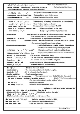 Secondary Three27
-Life ( ‫عـام‬ ‫بوجـه‬ ‫الحيـاة‬)‫يعـ‬ ‫ال‬ ‫اسم‬‫أداة‬ ‫يسبقـھا‬ ‫وال‬ ‫د‬ -There is no life on the moon .
-a life – ( lives ) ‫حيـاة‬ ‫مـن‬ ‫معيـن‬ ‫نـوع‬)‫يعـد‬ ‫اسم‬(‫صفـه‬ ‫يسبقھـا‬ ‫غالبـا‬ - We lead a nice Life there.
- I don’t know much about the lives of the Russians?
- decide to + inf ‫يقـرر‬. -The professor decided to enter the tomb.
- decide on + n.‫يقـرر‬ / ‫يختار‬/‫يحدد‬ - I decided on a name for the shop.
- decide that + ‫جملة‬ ‫يقـرر‬ -He decided that you should attend.
-listen to ‫إلي‬ ‫ينصت‬)‫بقصد‬ ‫سماع‬( - I like listening to the holy Quran recited by Elmenshawy .
-hear ‫يسمع‬)‫قصد‬ ‫بدون‬ ‫ـ‬ ‫عارض‬ ‫سماع‬( - I heard a baby crying next door.
-hear from ‫من‬ ‫رسالة‬ ‫يتلقى‬ - Have you heard from your son, Mr. Ali?
-hear of ‫أخبار‬ ‫يسمع‬‫عن‬ / ‫أو‬ ‫شخص‬ ‫بوجود‬ ‫يعرف‬ - I have never heard of that man.
-hear about ‫يسمع‬ / ‫يتلقى‬ - Every body heard about your success.
-famous for ‫مشھ‬‫ـ‬‫تعط‬ ‫و‬ ‫ور‬‫ـ‬‫معني‬ ‫ي‬well-known‫اق‬ ‫لكنھا‬ ‫و‬‫ـ‬‫واسع‬ ‫مجال‬ ‫علي‬ ‫معروف‬ ‫تعني‬ ‫و‬ ‫المعني‬ ‫في‬ ‫وي‬
- Italy is famous for its special macaroni and pizza.
-famous as ‫مشھ‬‫ـــ‬‫ك‬ ‫ـور‬‫ـ‬ - She is famous as a good psychotherapist.
-well-known ‫مع‬‫ـ‬‫لك‬ ‫و‬ ‫روف‬‫ـ‬‫نط‬ ‫علي‬ ‫ن‬‫ـ‬‫مح‬ ‫اق‬‫ـ‬‫دود‬‫مثل‬)( postman / doctor / teacher /hairdresser
- The postman is well-known in our village.
-distinguished =eminent ‫مع‬‫ـ‬‫روف‬)‫ممي‬‫ـ‬‫ز‬(:‫لألشخ‬‫ـ‬‫المشھ‬ ‫اص‬‫ـ‬‫العلمي‬ ‫باعمالھم‬ ‫ورين‬‫ـة‬/‫الفني‬‫ـة‬……
- Shakespeare was a distinguished playwright.
- notorious ‫مشھ‬‫ـ‬‫مع‬ ‫و‬ ‫ور‬‫ـ‬‫روف‬‫ب‬‫ش‬‫ـ‬‫س‬ ‫يء‬‫ـ‬‫يء‬ - His notorious friends made him addict drugs.
Kidnap=abduct ‫شخصا‬ ‫يخطف‬)‫فدية‬ ‫فى‬ ‫طمعا‬ -The gang kidnapped the child and asked for one million dollars.
Hijack ‫يختطف‬)‫طائرة‬-‫سيارة‬( -The terrorists hijacked the plane.
Snatch ‫شخص‬ ‫من‬ ‫شيء‬ ‫يخطف‬ - The dog snatched the sandwich from the little girl’s hand.
Imprison ‫يسجن‬ -The criminal was imprisoned for ten years.
Capture ‫يأسر‬/‫على‬ ‫يقبض‬ -The army captured about twenty enemy soldiers.-
Arrest‫على‬ ‫القبض‬ ‫يلقى‬ - He was arrested for troublemaking.
-die (v) ‫يموت‬ - She died of a heart attack.
-dead (adj.) ‫ميت‬ - The man was dead on arrival at the hospital.
-death (n) ‫الموت‬ - We all believe in life after death.
-deadly (adj.) ‫مميت‬ - This is a deadly weapon.
- die of ‫عطش‬ ‫أو‬ ‫جوع‬ ‫أو‬ ‫مرض‬ ‫بسبب‬ ‫يموت‬ -The explorers may have died of thirst in the desert.
- die from (a wound / an injury / a spider bite…..) ‫من‬ ‫يموت‬)‫جرح‬‫ـ‬‫إصابة‬‫ـ‬‫عنكبوت‬ ‫لدغة‬(
-The four robbers died from the spiders’ bites.
- die out‫ينقرض‬ - Dinosaurs died out.
- die away ‫يزول/يضمحل‬ -The light of the candle died away.
‫استخدام‬ ‫الحظ‬‫كلمة‬like‫مع‬what‫شيء‬ ‫وصف‬ ‫عن‬ ‫للتعبير‬
-What + be +‫فاعل‬‫فاعل‬++ like …? = describe ‫السؤال‬ ‫حالة‬ ‫في‬
- What was life like in the past? - What is the weather like today?
-What + +‫فاعل‬‫فاعل‬ be + like … ‫الجملة‬ ‫حالة‬ ‫في‬
- She looked in the mirror to see what the new dress was like.
- Be born in + ‫المكان‬‫المكان‬--‫السنة‬‫السنة‬––‫الشھر‬‫الشھر‬ - My father was born in Cairo in 1949.
- Be born on + ‫اليوم‬‫اليوم‬ - My father was born in Cairo in 1949.
- Be born into + ‫العائلة‬‫العائلة‬ - She was born into a good family.
 