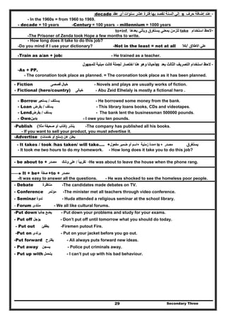 Secondary Three29
-‫عند‬‫إضافة‬‫حرف‬s‫إلي‬‫عقد‬ ‫أي‬ ‫سنوات‬ ‫عشر‬ ‫فترة‬ ‫بھا‬ ‫نقصد‬ ‫السنة‬decade:
- In the 1960s = from 1960 to 1969.
- decade = 10 years -Century = 100 years - millennium = 1000 years
--‫استخدام‬ ‫الحظ‬take‫بعدھا‬ ‫ويأتي‬ ‫يستغرق‬ ‫بمعني‬ ‫للزمن‬to+inf.
-The Prisoner of Zenda took Hope a few months to write.
- How long does it take to do this job?
-Do you mind if I use your dictionary? -Not in the least = not at all ‫كال‬‫/كال‬/ ‫االطالق‬ ‫علي‬‫االطالق‬ ‫علي‬
-Train as a/an + job: - He trained as a teacher.
--‫بعد‬ ‫الثالث‬ ‫التصريف‬ ‫استخدام‬ ‫الحظ‬‫بعد‬ ‫الثالث‬ ‫التصريف‬ ‫استخدام‬ ‫الحظ‬aass‫للمجھول‬ ‫مبنية‬ ‫كانت‬ ‫لجملة‬ ‫اختصار‬ ‫ھنا‬ ‫وھو‬ ‫أحيانا‬‫للمجھول‬ ‫مبنية‬ ‫كانت‬ ‫لجملة‬ ‫اختصار‬ ‫ھنا‬ ‫وھو‬ ‫أحيانا‬
-As + PP.
- The coronation took place as planned. = The coronation took place as it has been planned.
- Fiction ‫خيال‬‫خيال‬‫قصصى‬‫قصصى‬ - Novels and plays are usually works of fiction.
- Fictional (hero/country) ‫خيالى‬‫خيالى‬ - Abu Zeid Elhelaly is mostly a fictional hero .
- He borrowed some money from the bank.‫يستلف‬‫يستلف‬//‫يستعير‬‫يستعير‬- Borrow
- This library loans books, CDs and videotapes.‫يسلف‬‫يسلف‬//‫يقرض‬‫يقرض‬- Loan
- The bank lent the businessman 500000 pounds.‫يسلف‬‫يسلف‬//‫يقرض‬‫يقرض‬- Lend
- I owe you ten pounds.‫يدين‬‫يدين‬- Owe
-The company has published all his books.‫ينشر‬‫ينشر‬))‫كتاب‬‫كتاب‬‫أو‬‫أو‬‫صحيفة‬‫صحيفة‬‫مثال‬‫مثال‬((-Publish
- If you want to sell your product, you must advertise it.
‫عن‬ ‫يعلن‬‫عن‬ ‫يعلن‬))‫خدمات‬ ‫أو‬ ‫سلع‬‫خدمات‬ ‫أو‬ ‫سلع‬((-Advertise
‫يستغرق‬‫يستغرق‬‫مصدر‬‫مصدر‬++ ttoo ++‫زمنية‬ ‫مدة‬‫زمنية‬ ‫مدة‬++‫مفعول‬ ‫ضمير‬ ‫أو‬ ‫اسم‬‫مفعول‬ ‫ضمير‬ ‫أو‬ ‫اسم‬- It takes / took /has taken/ will take…. +
- It took me two hours to do my homework. - How long does it take you to do this job?
-He was about to leave the house when the phone rang.‫تقريبا‬ً‫تقريبا‬ً//‫وشك‬ ‫على‬‫وشك‬ ‫على‬‫مصدر‬‫مصدر‬- be about to +
It + be+ ‫صفة‬‫صفة‬ +to + ‫مصدر‬‫مصدر‬
-It was easy to answer all the questions. - He was shocked to see the homeless poor people.
- Debate ‫مناظرة‬‫مناظرة‬ -The candidates made debates on TV.
- Conference ‫مؤتمر‬‫مؤتمر‬ -The minister met all teachers through video conference.
- Seminar ‫ندوة‬‫ندوة‬ - Huda attended a religious seminar at the school library.
- Forum ‫منتدى‬‫منتدى‬ - We all like cultural forums.
-Put down ‫يضع‬‫يضع‬‫جانبا‬‫جانبا‬ - Put down your problems and study for your exams.
- Put off ‫يؤجل‬‫يؤجل‬ - Don’t put off until tomorrow what you should do today.
- Put out ‫يطفئ‬‫يطفئ‬ -Firemen putout Fire.
-Put on ‫يرتدى‬‫يرتدى‬ - Put on your jacket before you go out.
-Put forward ‫يقترح‬‫يقترح‬ - Ali always puts forward new ideas.
- Put away ‫يسجن‬‫يسجن‬ - Police put criminals away.
- Put up with ‫يتحمل‬‫يتحمل‬ - I can’t put up with his bad behaviour.
 