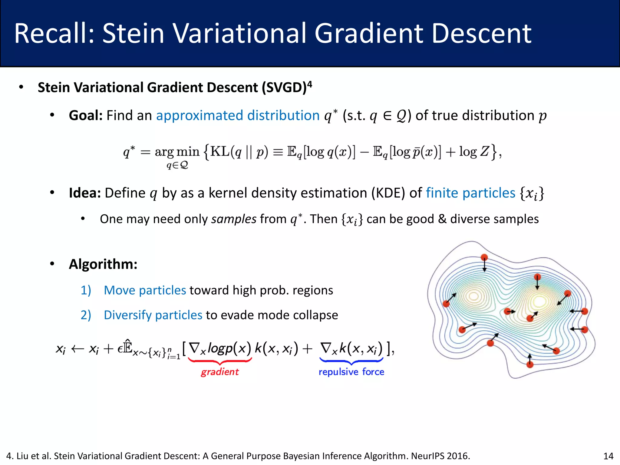 Recall: Stein Variational Gradient Descent
• Stein Variational Gradient Descent (SVGD)4
• Goal: Find an approximated distribution 𝑞∗ (s.t. 𝑞 ∈ 𝒬) of true distribution 𝑝
• Idea: Define 𝑞 by as a kernel density estimation (KDE) of finite particles {𝑥𝑖}
• One may need only samples from 𝑞∗
. Then {𝑥𝑖} can be good & diverse samples
• Algorithm:
1) Move particles toward high prob. regions
2) Diversify particles to evade mode collapse
144. Liu et al. Stein Variational Gradient Descent: A General Purpose Bayesian Inference Algorithm. NeurIPS 2016.
 
