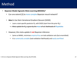 Method
• Bayesian Model-Agnostic Meta-Learning (BMAML)3
• Can one extend [2] to more complex Bayesian neural network?
• Idea 1: Use Stein Variational Gradient Descent (SVGD)
• Learn a task-specific posterior Θ 𝜏 with SVGD (start from the prior Θ0)
• Meta-update for Θ0 is given by the mean of val. likelihoods of 𝑀 particles
• However, this meta-update it not Bayesian inference
• Same as MAML, minimizes empirical loss on task-validation sets (but ensembled)
• It is numerically unstable (task-validation likelihoods) and easily overfitted
173. Kim et al. Bayesian Model-Agnostic Meta-Learning. NeurIPS 2018.
 