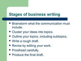 Stages of business writing
 Brainstorm what the communication must
include.
 Cluster your ideas into topics.
 Outline your topics, including subtopics.
 Write a rough draft.
 Revise by editing your work.
 Proofread carefully.
 Produce the final draft.
 