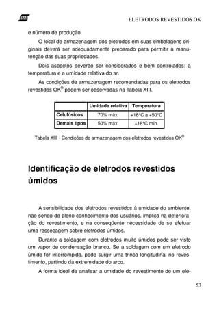 ELETRODOS REVESTIDOS OK

e número de produção.
    O local de armazenagem dos eletrodos em suas embalagens ori-
ginais deverá ser adequadamente preparado para permitir a manu-
tenção das suas propriedades.
    Dois aspectos deverão ser considerados e bem controlados: a
temperatura e a umidade relativa do ar.
    As condições de armazenagem recomendadas para os eletrodos
             ®
revestidos OK podem ser observadas na Tabela XIII.


                           Umidade relativa    Temperatura
            Celulósicos       70% máx.        +18°C a +50°C
            Demais tipos      50% máx.         +18°C mín.

                                                                   ®
  Tabela XIII - Condições de armazenagem dos eletrodos revestidos OK




Identificação de eletrodos revestidos
úmidos


    A sensibilidade dos eletrodos revestidos à umidade do ambiente,
não sendo de pleno conhecimento dos usuários, implica na deteriora-
ção do revestimento, e na conseqüente necessidade de se efetuar
uma ressecagem sobre eletrodos úmidos.
    Durante a soldagem com eletrodos muito úmidos pode ser visto
um vapor de condensação branco. Se a soldagem com um eletrodo
úmido for interrompida, pode surgir uma trinca longitudinal no reves-
timento, partindo da extremidade do arco.
    A forma ideal de analisar a umidade do revestimento de um ele-

                                                                        53
 