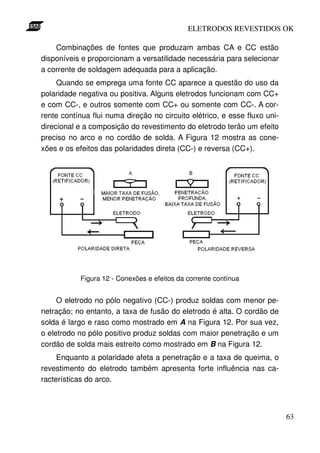 ELETRODOS REVESTIDOS OK

    Combinações de fontes que produzam ambas CA e CC estão
disponíveis e proporcionam a versatilidade necessária para selecionar
a corrente de soldagem adequada para a aplicação.
     Quando se emprega uma fonte CC aparece a questão do uso da
polaridade negativa ou positiva. Alguns eletrodos funcionam com CC+
e com CC-, e outros somente com CC+ ou somente com CC-. A cor-
rente contínua flui numa direção no circuito elétrico, e esse fluxo uni-
direcional e a composição do revestimento do eletrodo terão um efeito
preciso no arco e no cordão de solda. A Figura 12 mostra as cone-
xões e os efeitos das polaridades direta (CC-) e reversa (CC+).




           Figura 12 - Conexões e efeitos da corrente contínua


     O eletrodo no pólo negativo (CC-) produz soldas com menor pe-
netração; no entanto, a taxa de fusão do eletrodo é alta. O cordão de
solda é largo e raso como mostrado em A na Figura 12. Por sua vez,
o eletrodo no pólo positivo produz soldas com maior penetração e um
cordão de solda mais estreito como mostrado em B na Figura 12.
     Enquanto a polaridade afeta a penetração e a taxa de queima, o
revestimento do eletrodo também apresenta forte influência nas ca-
racterísticas do arco.



                                                                           63
 