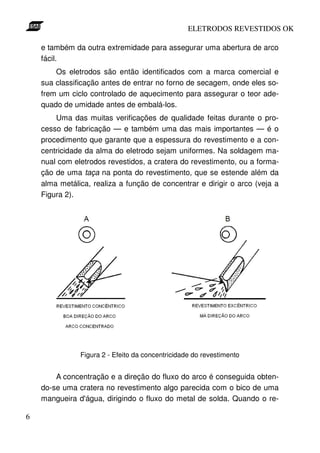 ELETRODOS REVESTIDOS OK

    e também da outra extremidade para assegurar uma abertura de arco
    fácil.
        Os eletrodos são então identificados com a marca comercial e
    sua classificação antes de entrar no forno de secagem, onde eles so-
    frem um ciclo controlado de aquecimento para assegurar o teor ade-
    quado de umidade antes de embalá-los.
        Uma das muitas verificações de qualidade feitas durante o pro-
    cesso de fabricação — e também uma das mais importantes — é o
    procedimento que garante que a espessura do revestimento e a con-
    centricidade da alma do eletrodo sejam uniformes. Na soldagem ma-
    nual com eletrodos revestidos, a cratera do revestimento, ou a forma-
    ção de uma taça na ponta do revestimento, que se estende além da
    alma metálica, realiza a função de concentrar e dirigir o arco (veja a
    Figura 2).




               Figura 2 - Efeito da concentricidade do revestimento


        A concentração e a direção do fluxo do arco é conseguida obten-
    do-se uma cratera no revestimento algo parecida com o bico de uma
    mangueira d'água, dirigindo o fluxo do metal de solda. Quando o re-

6
 