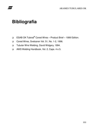 ARAMES TUBULARES OK




Bibliografia


                   ®
  ESAB OK Tubrod Cored Wires – Product Brief – 1999 Edition.
  Cored Wires, Svetsaren Vol. 51, No. 1-2, 1996.
  Tubular Wire Welding, David Widgery, 1994.
  AWS Welding Handbook, Vol. 2, Caps. 4 e 5.




                                                               101
 