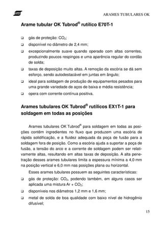ARAMES TUBULARES OK

Arame tubular OK Tubrod® rutílico E70T-1

    gás de proteção: CO2;
    disponível no diâmetro de 2,4 mm;
    excepcionalmente suave quando operado com altas correntes,
    produzindo poucos respingos e uma aparência regular do cordão
    de solda;
    taxas de deposição muito altas. A remoção da escória se dá sem
    esforço, sendo autodestacável em juntas em ângulo;
    ideal para soldagem de produção de equipamentos pesados para
    uma grande variedade de aços de baixa e média resistência;
    opera com corrente contínua positiva.


Arames tubulares OK Tubrod® rutílicos EX1T-1 para
soldagem em todas as posições

                                 ®
     Arames tubulares OK Tubrod para soldagem em todas as posi-
ções contêm ingredientes no fluxo que produzem uma escória de
rápida solidificação, e a fluidez adequada da poça de fusão para a
soldagem fora de posição. Como a escória ajuda a suportar a poça de
fusão, a tensão do arco e a corrente de soldagem podem ser relati-
vamente altas, resultando em altas taxas de deposição. A alta pene-
tração desses arames tubulares limita a espessura mínima a 4,0 mm
na posição vertical e 6,0 mm nas posições plana ou horizontal.
    Esses arames tubulares possuem as seguintes características:
    gás de proteção: CO2, podendo também, em alguns casos ser
    aplicada uma mistura Ar + CO2;
    disponíveis nos diâmetros 1,2 mm e 1,6 mm;
    metal de solda de boa qualidade com baixo nível de hidrogênio
    difusível;

                                                                      15
 