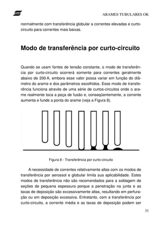 ARAMES TUBULARES OK

normalmente com transferência globular a correntes elevadas e curto-
circuito para correntes mais baixas.




Modo de transferência por curto-circuito

Quando se usam fontes de tensão constante, o modo de transferên-
cia por curto-circuito ocorrerá somente para correntes geralmente
abaixo de 200 A, embora esse valor possa variar em função do diâ-
metro do arame e dos parâmetros escolhidos. Esse modo de transfe-
rência funciona através de uma série de curtos-circuitos onde o ara-
me realmente toca a poça de fusão e, conseqüentemente, a corrente
aumenta e funde a ponta do arame (veja a Figura 8).




                Figura 8 - Transferência por curto-circuito

     A necessidade de correntes relativamente altas com os modos de
transferência por aerossol e globular limita sua aplicabilidade. Estes
modos de transferência não são recomendados para a soldagem de
seções de pequena espessura porque a penetração na junta e as
taxas de deposição são excessivamente altas, resultando em perfura-
ção ou em deposição excessiva. Entretanto, com a transferência por
curto-circuito, a corrente média e as taxas de deposição podem ser

                                                                         31
 