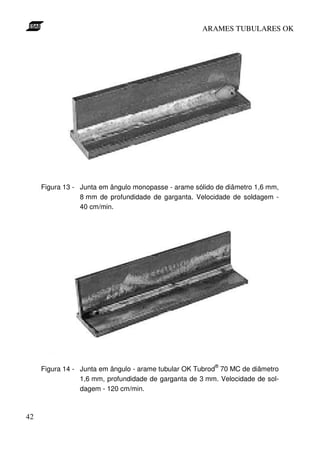 ARAMES TUBULARES OK




     Figura 13 - Junta em ângulo monopasse - arame sólido de diâmetro 1,6 mm,
                 8 mm de profundidade de garganta. Velocidade de soldagem -
                 40 cm/min.




                                                         ®
     Figura 14 - Junta em ângulo - arame tubular OK Tubrod 70 MC de diâmetro
                 1,6 mm, profundidade de garganta de 3 mm. Velocidade de sol-
                 dagem - 120 cm/min.



42
 