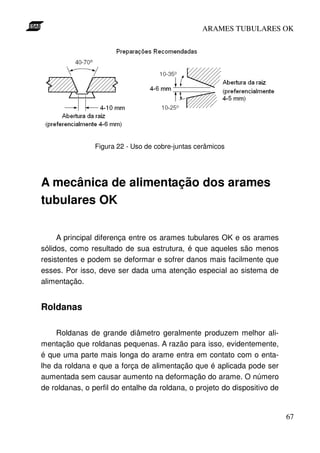 ARAMES TUBULARES OK




                Figura 22 - Uso de cobre-juntas cerâmicos




A mecânica de alimentação dos arames
tubulares OK

     A principal diferença entre os arames tubulares OK e os arames
sólidos, como resultado de sua estrutura, é que aqueles são menos
resistentes e podem se deformar e sofrer danos mais facilmente que
esses. Por isso, deve ser dada uma atenção especial ao sistema de
alimentação.


Roldanas

     Roldanas de grande diâmetro geralmente produzem melhor ali-
mentação que roldanas pequenas. A razão para isso, evidentemente,
é que uma parte mais longa do arame entra em contato com o enta-
lhe da roldana e que a força de alimentação que é aplicada pode ser
aumentada sem causar aumento na deformação do arame. O número
de roldanas, o perfil do entalhe da roldana, o projeto do dispositivo de


                                                                           67
 