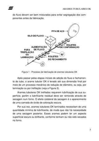 ARAMES TUBULARES OK

do fluxo devem ser bem misturados para evitar segregação dos com-
ponentes antes da fabricação.




        Figura 1 - Processo de fabricação de arames tubulares OK

    Após passar pelas etapas iniciais de adição do fluxo e fechamen-
to do tubo, o arame tubular OK é levado até sua dimensão final por
meio de um processo mecânico de redução de diâmetro, ou seja, por
laminação ou por trefilação (veja a Figura 2).
     Arames tubulares OK trefilados requerem lubrificação de sua su-
perfície, porém o lubrificante residual deve ser removido através de
secagem num forno. O efeito colateral da secagem é o aparecimento
de uma camada de óxido de coloração escura.
     Por sua vez, arames tubulares OK laminados necessitam de uma
quantidade mínima de lubrificante, de modo que não há necessidade
de uma secagem posterior. Esses arames podem ter um aspecto
superficial escuro ou brilhante, conforme tenham ou não sido secados
no forno.


                                                                       5
 