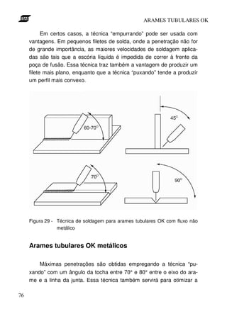 ARAMES TUBULARES OK

           Em certos casos, a técnica “empurrando” pode ser usada com
     vantagens. Em pequenos filetes de solda, onde a penetração não for
     de grande importância, as maiores velocidades de soldagem aplica-
     das são tais que a escória líquida é impedida de correr à frente da
     poça de fusão. Essa técnica traz também a vantagem de produzir um
     filete mais plano, enquanto que a técnica “puxando” tende a produzir
     um perfil mais convexo.




     Figura 29 - Técnica de soldagem para arames tubulares OK com fluxo não
                 metálico


     Arames tubulares OK metálicos

         Máximas penetrações são obtidas empregando a técnica “pu-
     xando” com um ângulo da tocha entre 70° e 80° entre o eixo do ara-
     me e a linha da junta. Essa técnica também servirá para otimizar a

76
 
