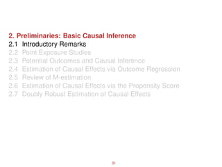 2. Preliminaries: Basic Causal Inference
2.1 Introductory Remarks
2.2 Point Exposure Studies
2.3 Potential Outcomes and Causal Inference
2.4 Estimation of Causal Effects via Outcome Regression
2.5 Review of M-estimation
2.6 Estimation of Causal Effects via the Propensity Score
2.7 Doubly Robust Estimation of Causal Effects
31
 