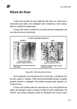 FLUXOS OK


Altura do fluxo

    A altura da camada de fluxo aplicada não deve ser maior que a
necessária para obter uma soldagem sem turbulência e sem porosi-
dade no cordão de acabamento.
   A Figura 66 mostra o efeito de uma altura de fluxo adequada e de
uma altura de fluxo insuficiente.




                  Figura 66 - Efeito da altura do fluxo

    Se for aplicada uma camada de fluxo muito alta, o cordão de sol-
da será rugoso e irregular. Pode ocorrer porosidade porque os gases
gerados durante a soldagem não podem escapar pela espessa ca-
mada de fluxo.
     O fluxo não fundido pode ser removido de uma curta distância da
região de soldagem onde o material fundido já tenha solidificado. No
entanto, sob certas condições, pode ser desejável não causar turbu-



                                                                       107
 