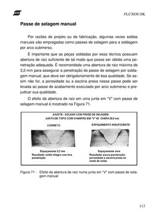 FLUXOS OK

Passe de selagem manual

    Por razões de projeto ou de fabricação, algumas vezes soldas
manuais são empregadas como passes de selagem para a soldagem
por arco submerso.
     É importante que as peças soldadas por essa técnica possuam
abertura de raiz suficiente de tal modo que possa ser obtida uma pe-
netração adequada. É recomendada uma abertura de raiz máxima de
3,2 mm para assegurar a penetração do passe de selagem por solda-
gem manual, que deve ser obrigatoriamente de boa qualidade. Se as-
sim não for, a porosidade ou a escória presa nesse passe pode ser
levada ao passe de acabamento executado por arco submerso e pre-
judicar sua qualidade.
    O efeito da abertura de raiz em uma junta em "V" com passe de
selagem manual é mostrado na Figura 71.




Figura 71 - Efeito da abertura de raiz numa junta em "V" com passe de sela-
            gem manual




                                                                              113
 