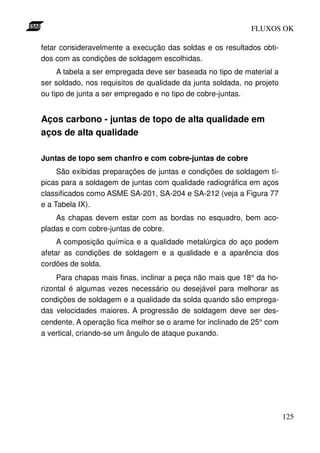 FLUXOS OK

fetar consideravelmente a execução das soldas e os resultados obti-
dos com as condições de soldagem escolhidas.
     A tabela a ser empregada deve ser baseada no tipo de material a
ser soldado, nos requisitos de qualidade da junta soldada, no projeto
ou tipo de junta a ser empregado e no tipo de cobre-juntas.


Aços carbono - juntas de topo de alta qualidade em
aços de alta qualidade

Juntas de topo sem chanfro e com cobre-juntas de cobre
     São exibidas preparações de juntas e condições de soldagem tí-
picas para a soldagem de juntas com qualidade radiográfica em aços
classificados como ASME SA-201, SA-204 e SA-212 (veja a Figura 77
e a Tabela IX).
    As chapas devem estar com as bordas no esquadro, bem aco-
pladas e com cobre-juntas de cobre.
     A composição química e a qualidade metalúrgica do aço podem
afetar as condições de soldagem e a qualidade e a aparência dos
cordões de solda.
     Para chapas mais finas, inclinar a peça não mais que 18° da ho-
rizontal é algumas vezes necessário ou desejável para melhorar as
condições de soldagem e a qualidade da solda quando são emprega-
das velocidades maiores. A progressão de soldagem deve ser des-
cendente. A operação fica melhor se o arame for inclinado de 25° com
a vertical, criando-se um ângulo de ataque puxando.




                                                                        125
 