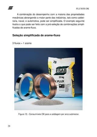 FLUXOS OK

           A combinação do desempenho com a maioria das propriedades
     mecânicas abrangendo a maior parte das indústrias, tais como caldei-
     raria, naval, e automotiva, pode ser simplificada. O exemplo seguinte
     ilustra o que pode ser feito com a pré-seleção de combinações simpli-
     ficadas de arame-fluxo.


     Seleção simplificada de arame-fluxo

     3 fluxos + 1 arame




          Figura 15 - Consumíveis OK para a soldagem por arco submerso




28
 