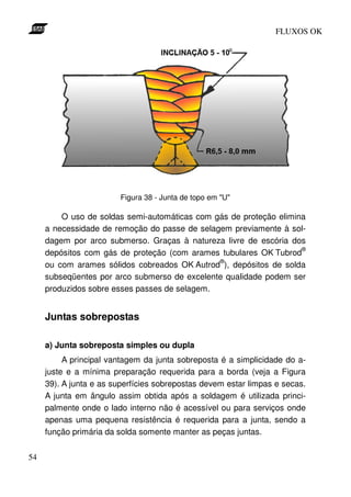 FLUXOS OK




                        Figura 38 - Junta de topo em "U"

         O uso de soldas semi-automáticas com gás de proteção elimina
     a necessidade de remoção do passe de selagem previamente à sol-
     dagem por arco submerso. Graças à natureza livre de escória dos
                                                                    ®
     depósitos com gás de proteção (com arames tubulares OK Tubrod
                                               ®
     ou com arames sólidos cobreados OK Autrod ), depósitos de solda
     subseqüentes por arco submerso de excelente qualidade podem ser
     produzidos sobre esses passes de selagem.


     Juntas sobrepostas

     a) Junta sobreposta simples ou dupla
          A principal vantagem da junta sobreposta é a simplicidade do a-
     juste e a mínima preparação requerida para a borda (veja a Figura
     39). A junta e as superfícies sobrepostas devem estar limpas e secas.
     A junta em ângulo assim obtida após a soldagem é utilizada princi-
     palmente onde o lado interno não é acessível ou para serviços onde
     apenas uma pequena resistência é requerida para a junta, sendo a
     função primária da solda somente manter as peças juntas.


54
 