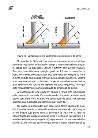 FLUXOS OK




    Figura 42 - Comparação entre as dimensões da garganta e da perna

    O tamanho do filete feito por arco submerso pode ser considera-
velmente reduzido e, ainda assim, atingir a mesma resistência da jun-
ta obtida com os processos SMAW e GMAW com pernas maiores.
Tem sido permitida uma redução geral de 1,6 mm no tamanho da
perna em soldas executadas por arco submerso em relação ao limite
mínimo exigido para soldas manuais pelos códigos aplicáveis. Mesmo
uma pequena redução no tamanho da perna acarretará numa diminu-
ição apreciável do volume de depósito de solda requerido, visto que
este varia diretamente com o quadrado da dimensão da perna.
    A resistência de uma solda em ângulo é fortemente influenciada
pela penetração da solda. Os resultados de uma série de testes reali-
zados para determinar o efeito da penetração da solda nas tensões
atuantes são mostrados graficamente na Figura 43.
     Os dados representados por essa curva foram obtidos de estu-
dos foto-elásticos de modelos de tensão em um modelo típico de jun-
ta em ângulo cuja perna tinha a dimensão de 38,1 mm. O fator de
concentração de tensões é a razão entre a tensão na raiz do filete e a
tensão média da junta (carga/área). A penetração da solda é a distân-
cia da raiz do filete ao ponto em que cessa a fusão. A penetração da
                                                                         57
 