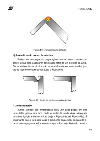 FLUXOS OK




                   Figura 50 - Junta de canto simples

e) Junta de canto com cobre-juntas
     Podem ser empregadas preparações com ou sem chanfro com
cobre-juntas para assegurar penetração total de um só lado da junta.
Os requisitos dessa técnica são essencialmente os mesmos das jun-
tas de topo com cobre-juntas (veja a Figura 51).




               Figura 51 - Junta de canto com cobre-juntas

f) Juntas tampão
    Juntas tampão são empregadas para unir duas peças em que
uma delas possui um furo, onde o metal de solda deve assegurar
uma boa ligação e encher o furo (veja a Figura 52a até Figura 52d). É
importante que o furo seja largo o suficiente para evitar contato do a-
rame com a peça superior. A menos que o furo seja biselado ou ado-

                                                                          65
 
