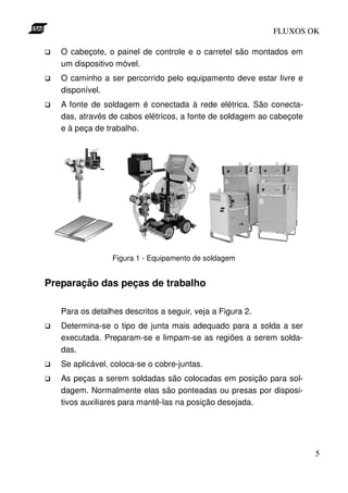 FLUXOS OK

   O cabeçote, o painel de controle e o carretel são montados em
   um dispositivo móvel.
   O caminho a ser percorrido pelo equipamento deve estar livre e
   disponível.
   A fonte de soldagem é conectada à rede elétrica. São conecta-
   das, através de cabos elétricos, a fonte de soldagem ao cabeçote
   e à peça de trabalho.




                 Figura 1 - Equipamento de soldagem


Preparação das peças de trabalho

   Para os detalhes descritos a seguir, veja a Figura 2.
   Determina-se o tipo de junta mais adequado para a solda a ser
   executada. Preparam-se e limpam-se as regiões a serem solda-
   das.
   Se aplicável, coloca-se o cobre-juntas.
   As peças a serem soldadas são colocadas em posição para sol-
   dagem. Normalmente elas são ponteadas ou presas por disposi-
   tivos auxiliares para mantê-las na posição desejada.




                                                                      5
 