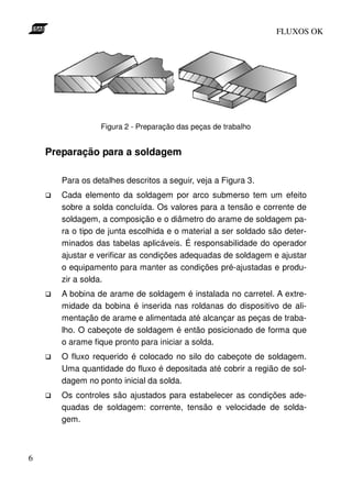 FLUXOS OK




                 Figura 2 - Preparação das peças de trabalho


    Preparação para a soldagem

       Para os detalhes descritos a seguir, veja a Figura 3.
       Cada elemento da soldagem por arco submerso tem um efeito
       sobre a solda concluída. Os valores para a tensão e corrente de
       soldagem, a composição e o diâmetro do arame de soldagem pa-
       ra o tipo de junta escolhida e o material a ser soldado são deter-
       minados das tabelas aplicáveis. É responsabilidade do operador
       ajustar e verificar as condições adequadas de soldagem e ajustar
       o equipamento para manter as condições pré-ajustadas e produ-
       zir a solda.
       A bobina de arame de soldagem é instalada no carretel. A extre-
       midade da bobina é inserida nas roldanas do dispositivo de ali-
       mentação de arame e alimentada até alcançar as peças de traba-
       lho. O cabeçote de soldagem é então posicionado de forma que
       o arame fique pronto para iniciar a solda.
       O fluxo requerido é colocado no silo do cabeçote de soldagem.
       Uma quantidade do fluxo é depositada até cobrir a região de sol-
       dagem no ponto inicial da solda.
       Os controles são ajustados para estabelecer as condições ade-
       quadas de soldagem: corrente, tensão e velocidade de solda-
       gem.



6
 