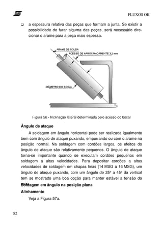 FLUXOS OK

         a espessura relativa das peças que formam a junta. Se existir a
         possibilidade de furar alguma das peças, será necessário dire-
         cionar o arame para a peça mais espessa.




           Figura 56 - Inclinação lateral determinada pelo acesso do bocal

     Ângulo de ataque
         A soldagem em ângulo horizontal pode ser realizada igualmente
     bem com ângulo de ataque puxando, empurrando ou com o arame na
     posição normal. Na soldagem com cordões largos, os efeitos do
     ângulo de ataque são relativamente pequenos. O ângulo de ataque
     torna-se importante quando se executam cordões pequenos em
     soldagem a altas velocidades. Para depositar cordões a altas
     velocidades de soldagem em chapas finas (14 MSG a 16 MSG), um
     ângulo de ataque puxando, com um ângulo de 25° a 45° da vertical
     tem se mostrado uma boa opção para manter estável a tensão do
     arco.
     Soldagem em ângulo na posição plana
     Alinhamento
         Veja a Figura 57a.


82
 